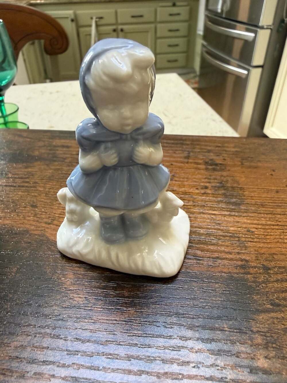 Vintage Enesco Blue and White Porcelain Girl with Chicken Figurine
